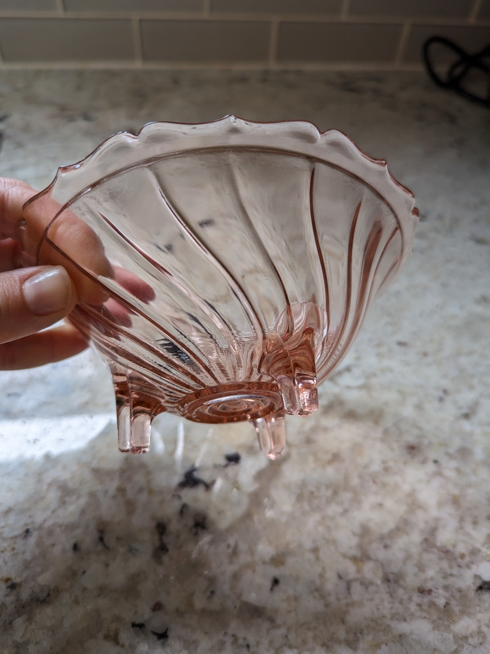 Jeanette Glass Pink Swirl 3 Footed Trinket Dish